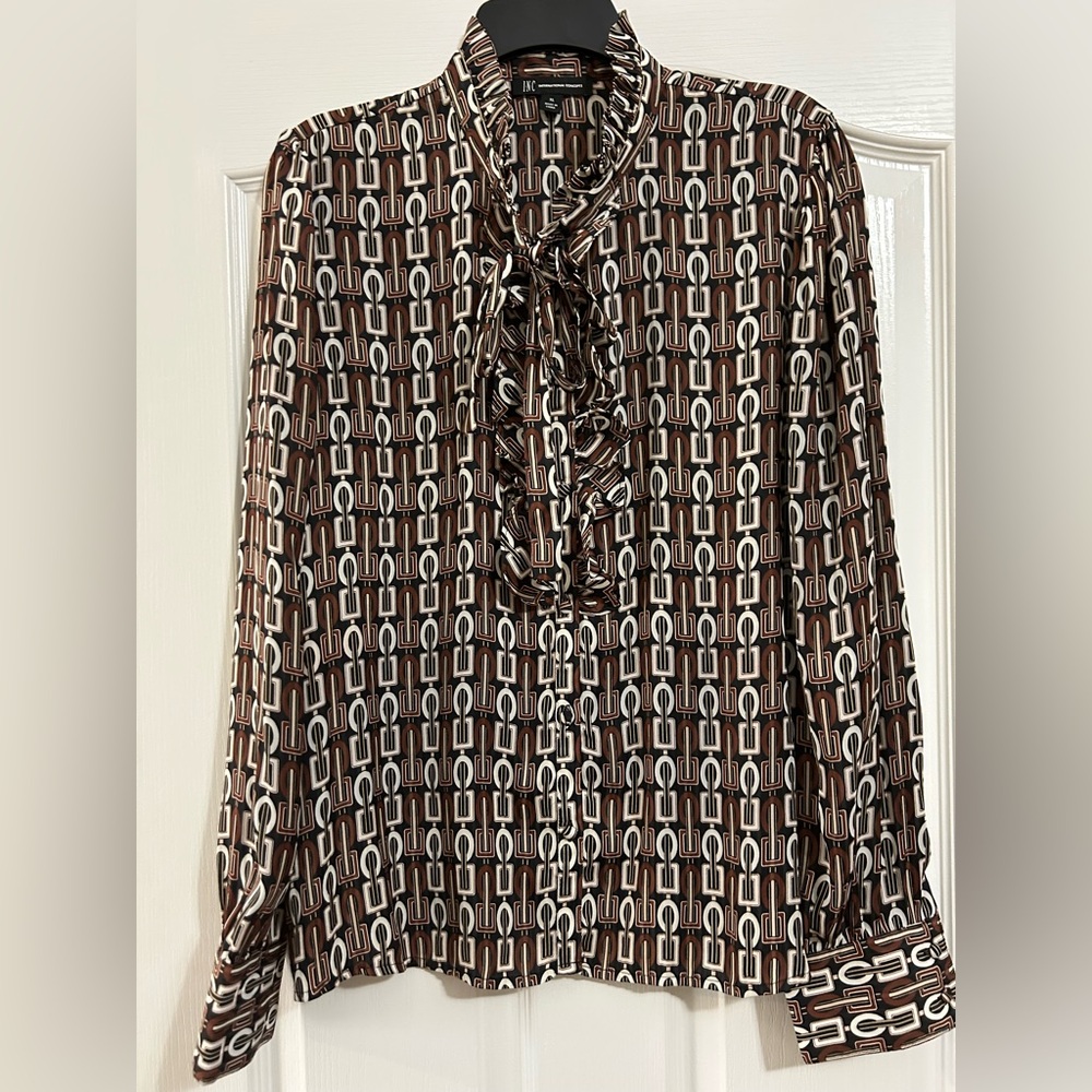 INC International Concepts Brown and White Geometric Blouse